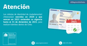 Extienden vigencia de cédulas de identidad de chilenos(as) vencidas en 2020 y que vencen en 2021